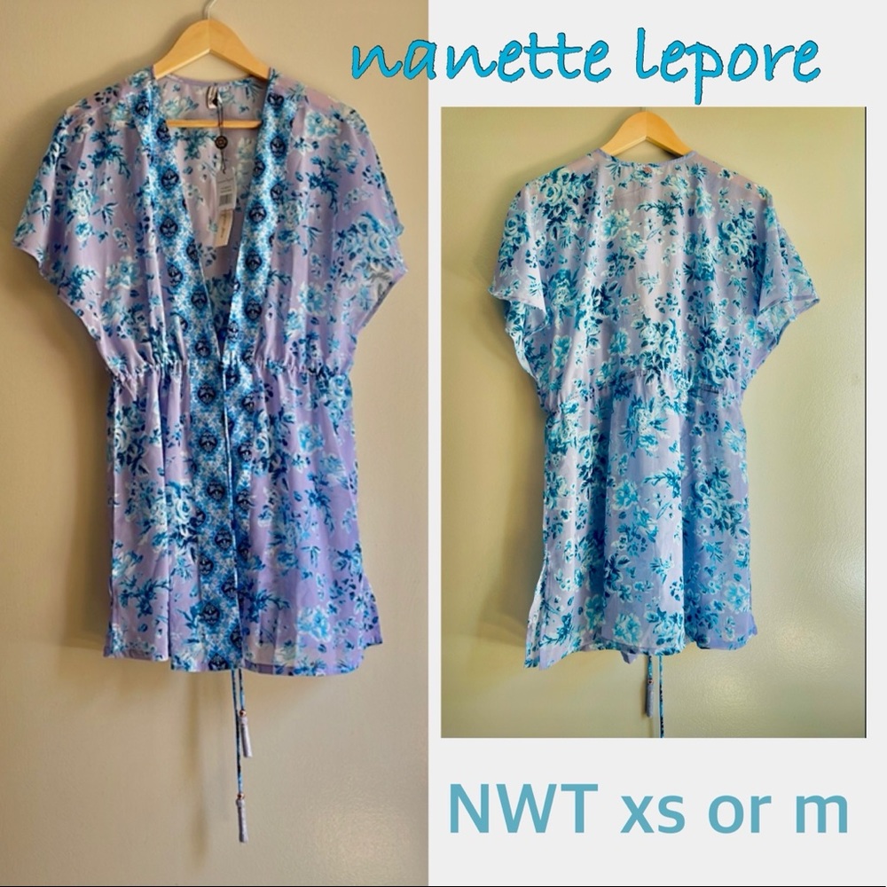 NWT (XS) Nanette Lepore swim wrap in lilac turquoise gold fringe tassels kaftan
